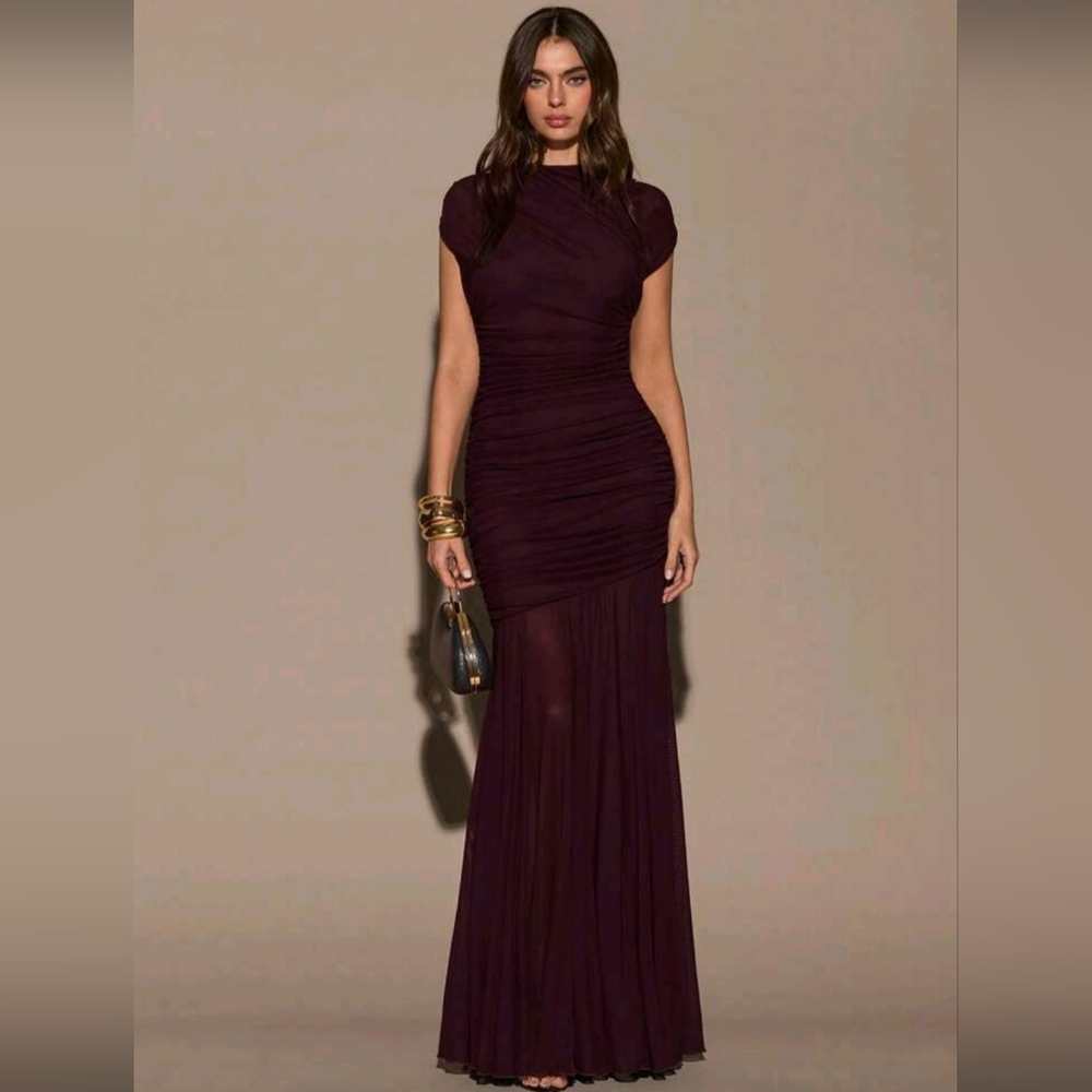 Elegant Dark Plum Evening Gown - Ruched Cap Sleeve Maxi Dress